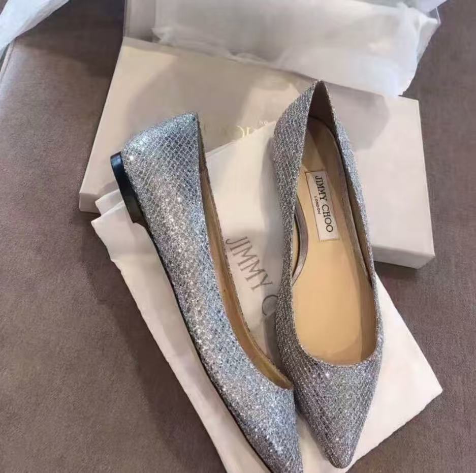 95新 JIMMY CHOO/吉米周 亮银闪片平底鞋