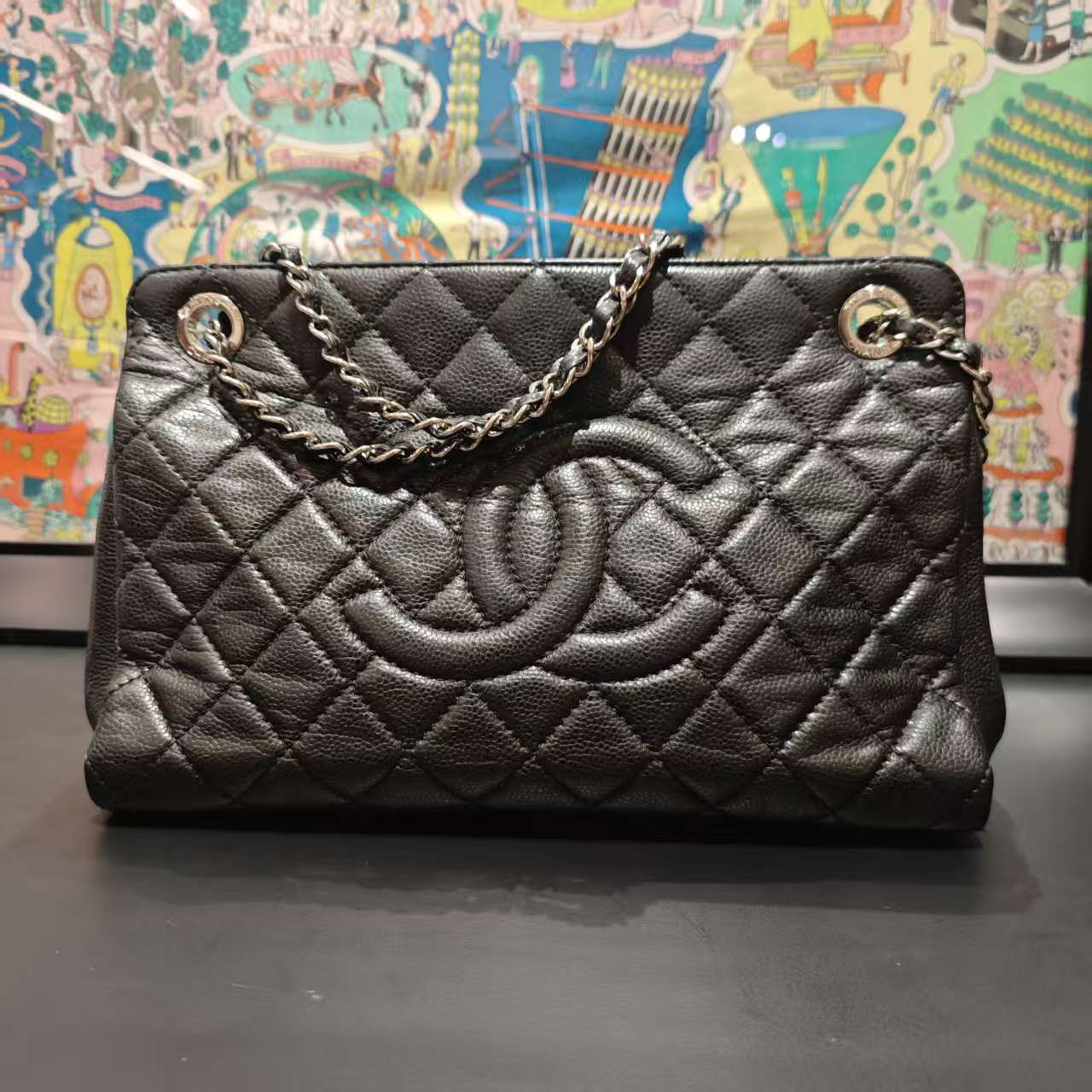 95新 Chanel/香奈儿 Chanel黑银荔枝纹托特